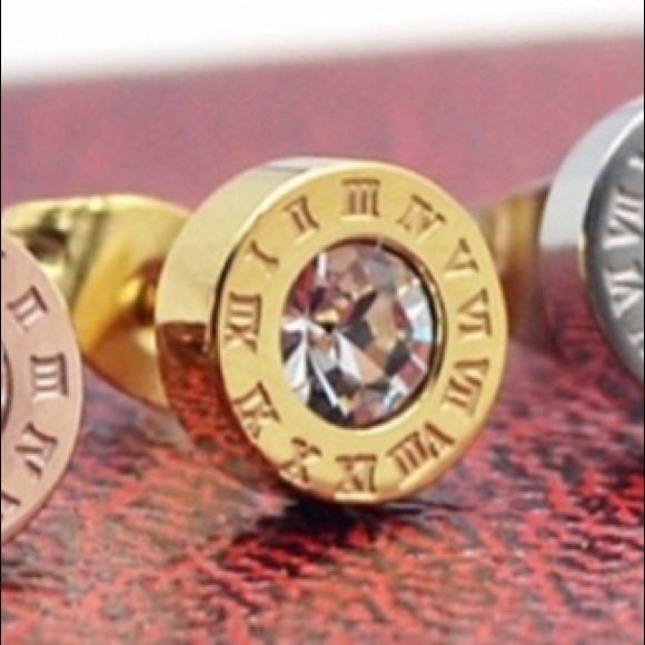 Roman Numeral Gold or Silv Simulated Diamonds Stud - Picture 2 of 6